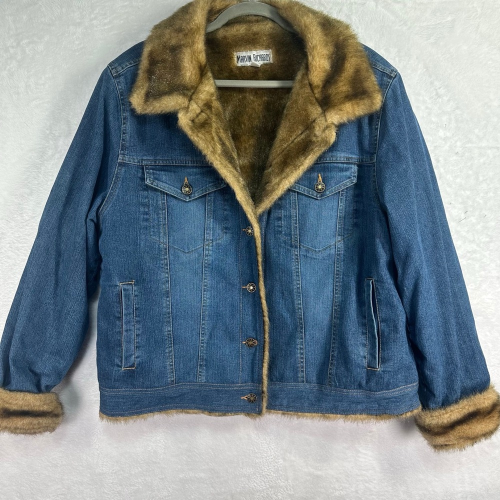 Marvin Richards Denim Faux Fur Lined Jacket Womens XL Blue Brown Faux Fur Trim